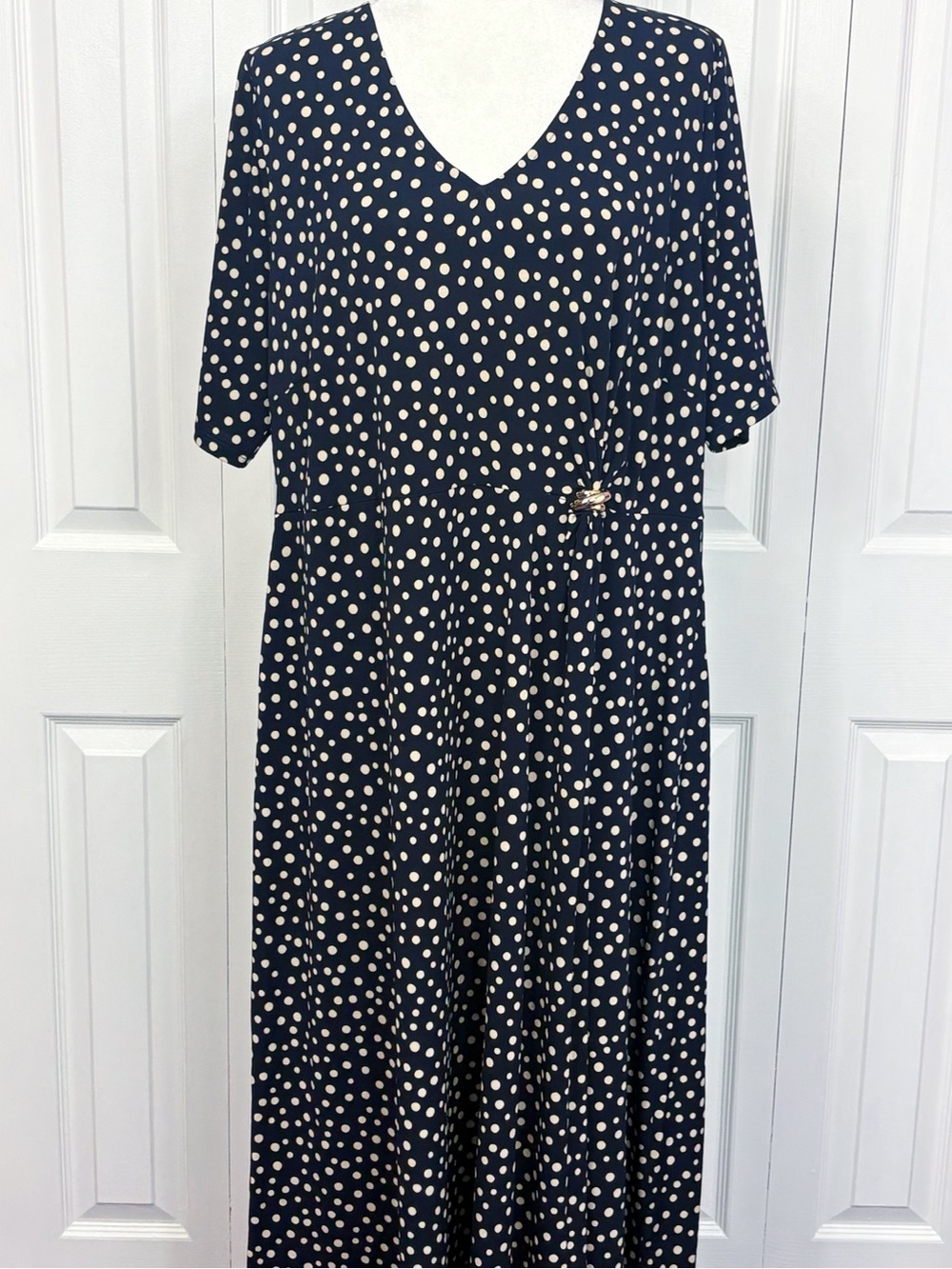MSK Women Navy Blue & Cream Polka Dot Twist Front A-Line Midi Dress 1X